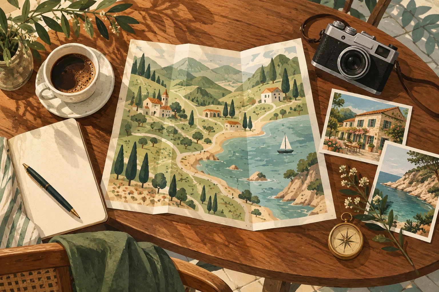 An illustrated travel map, coffee, camera, notebook, and postcards on a wooden café table